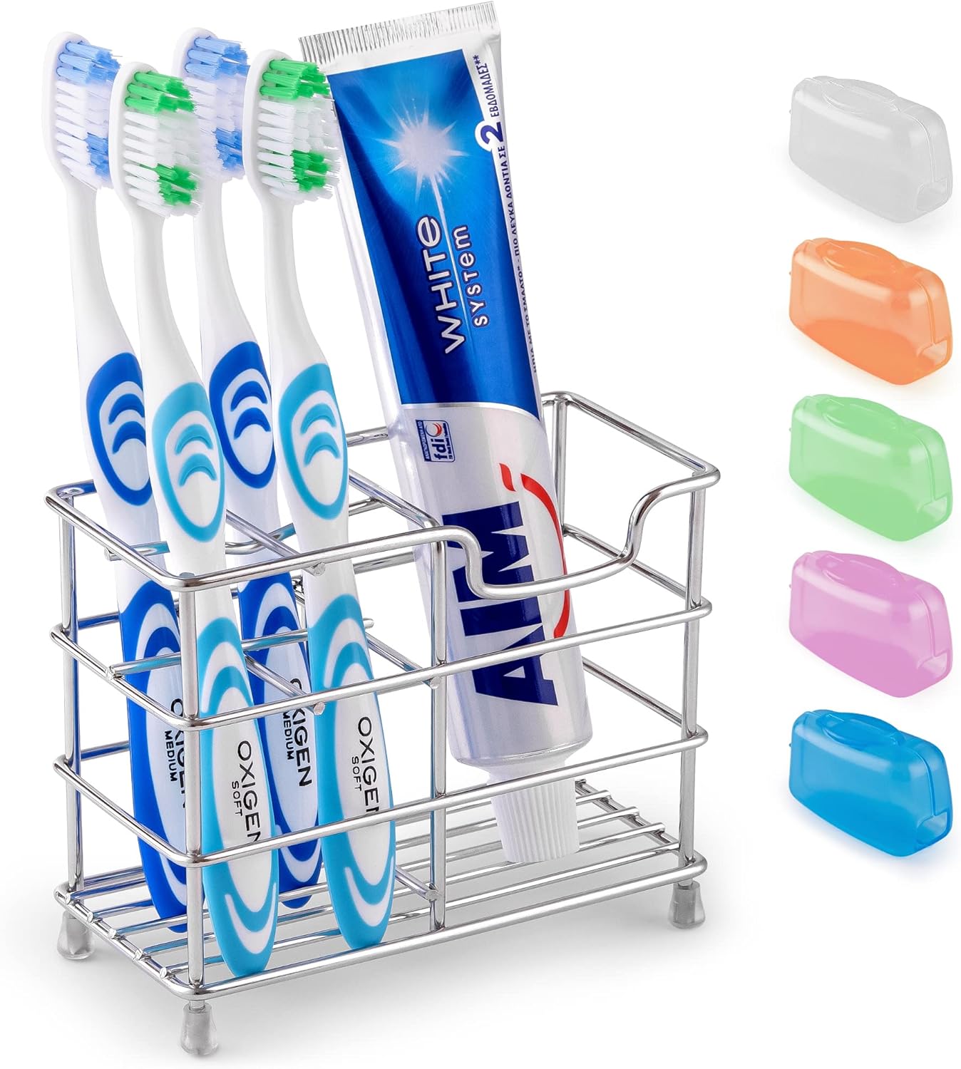 Toothpaste and Toothbrush Holder - Stainless Steel Toothbrush Holders for Bathrooms - Small Toothbrush Stand Organizer with 5 Colorful Toothbrush Cases Included - Image 1