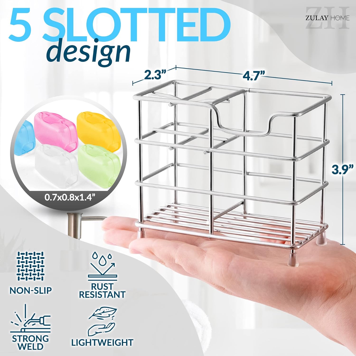 Toothpaste and Toothbrush Holder - Stainless Steel Toothbrush Holders for Bathrooms - Small Toothbrush Stand Organizer with 5 Colorful Toothbrush Cases Included - Image 2