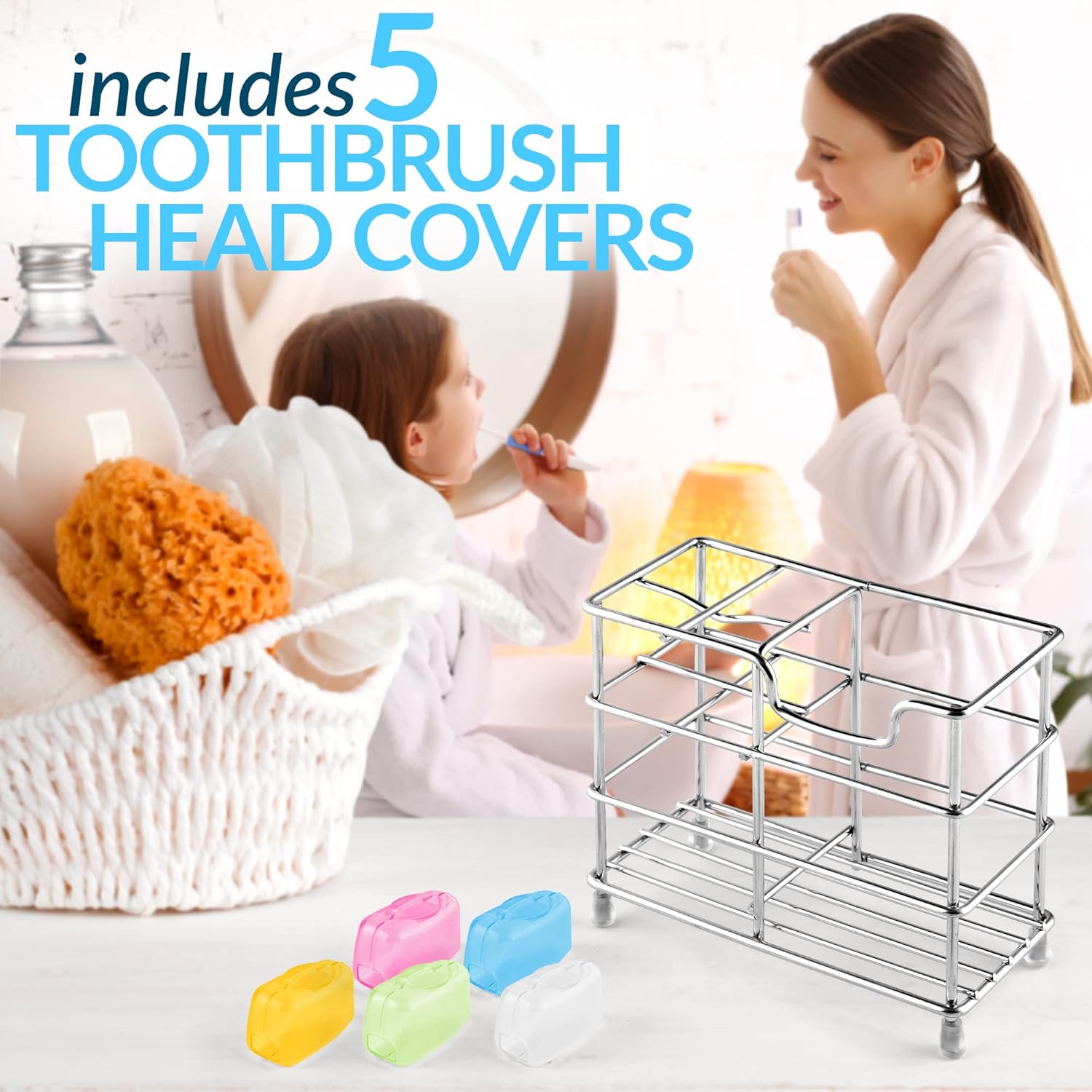 Toothpaste and Toothbrush Holder - Stainless Steel Toothbrush Holders for Bathrooms - Small Toothbrush Stand Organizer with 5 Colorful Toothbrush Cases Included - Image 4