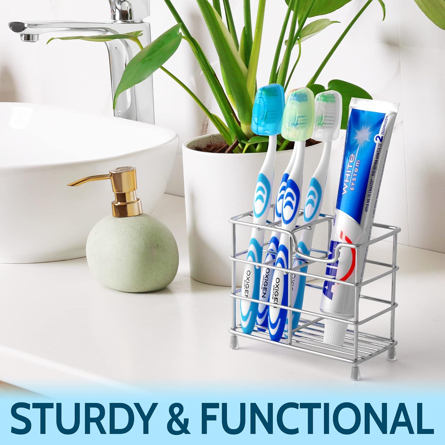 Toothpaste and Toothbrush Holder - Stainless Steel Toothbrush Holders for Bathrooms - Small Toothbrush Stand Organizer with 5 Colorful Toothbrush Cases Included - Image 6