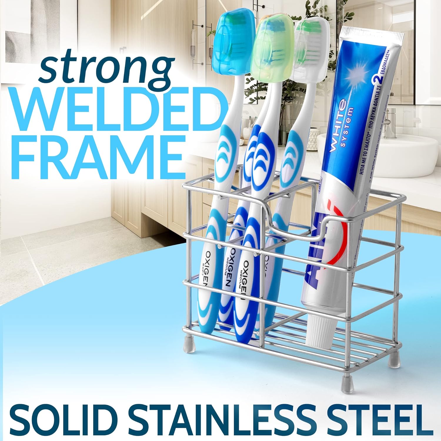 Toothpaste and Toothbrush Holder - Stainless Steel Toothbrush Holders for Bathrooms - Small Toothbrush Stand Organizer with 5 Colorful Toothbrush Cases Included - Image 7