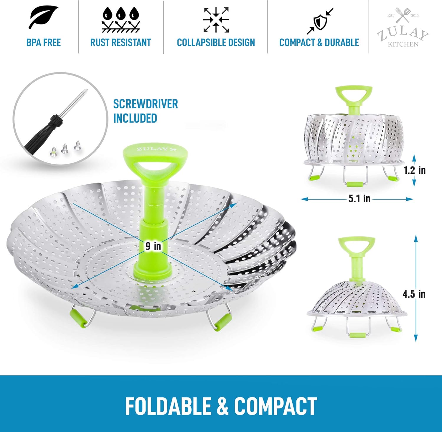 Zulay Adjustable Vegetable Steamer Baskets For Cooking - Foldable Steamer Basket (5.1