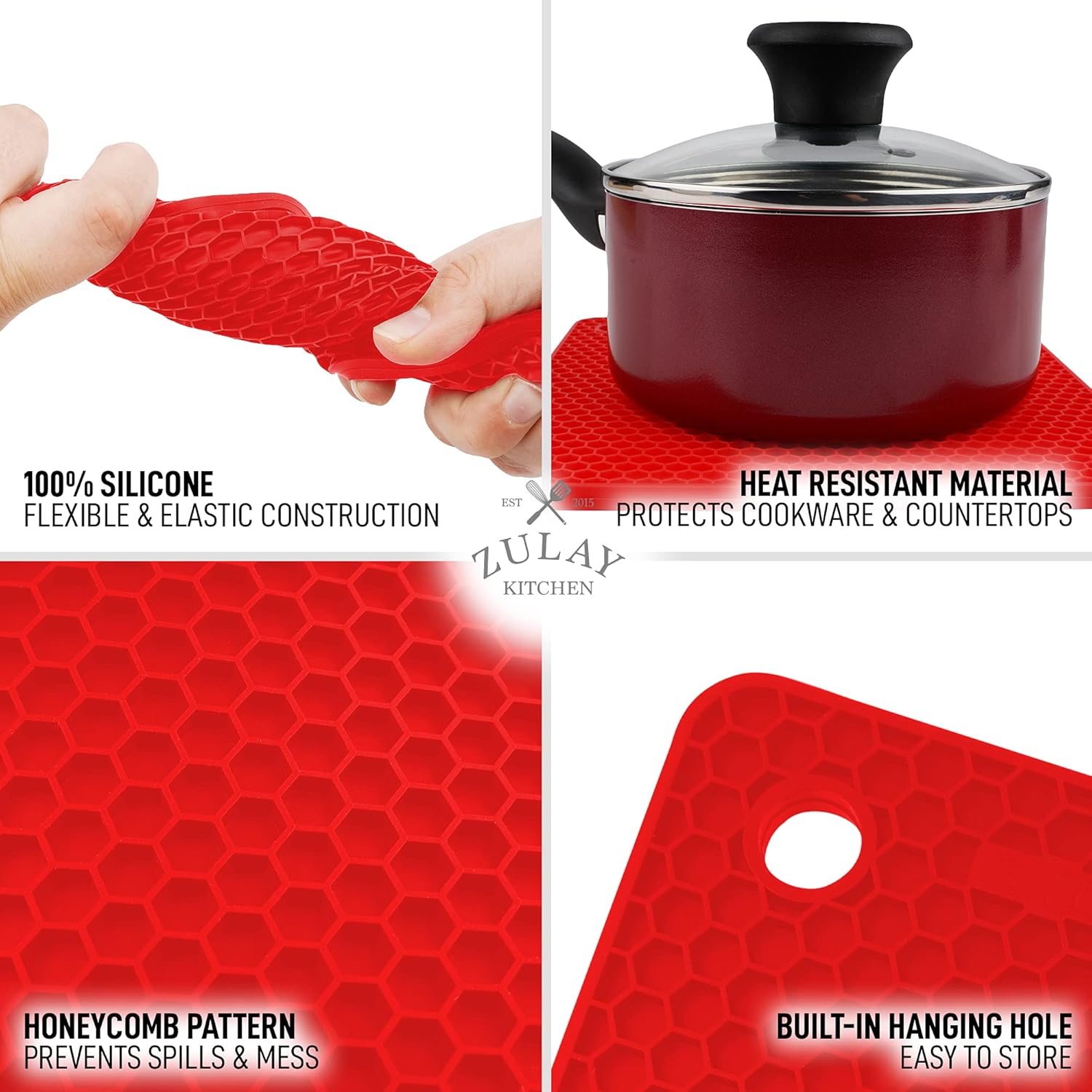4 Pack Silicone Trivets - 7'x7' Silicone Pot Holders & Coasters - Non Slip, Heat Resistant Mat for Countertop & Table (Red) - Image 4