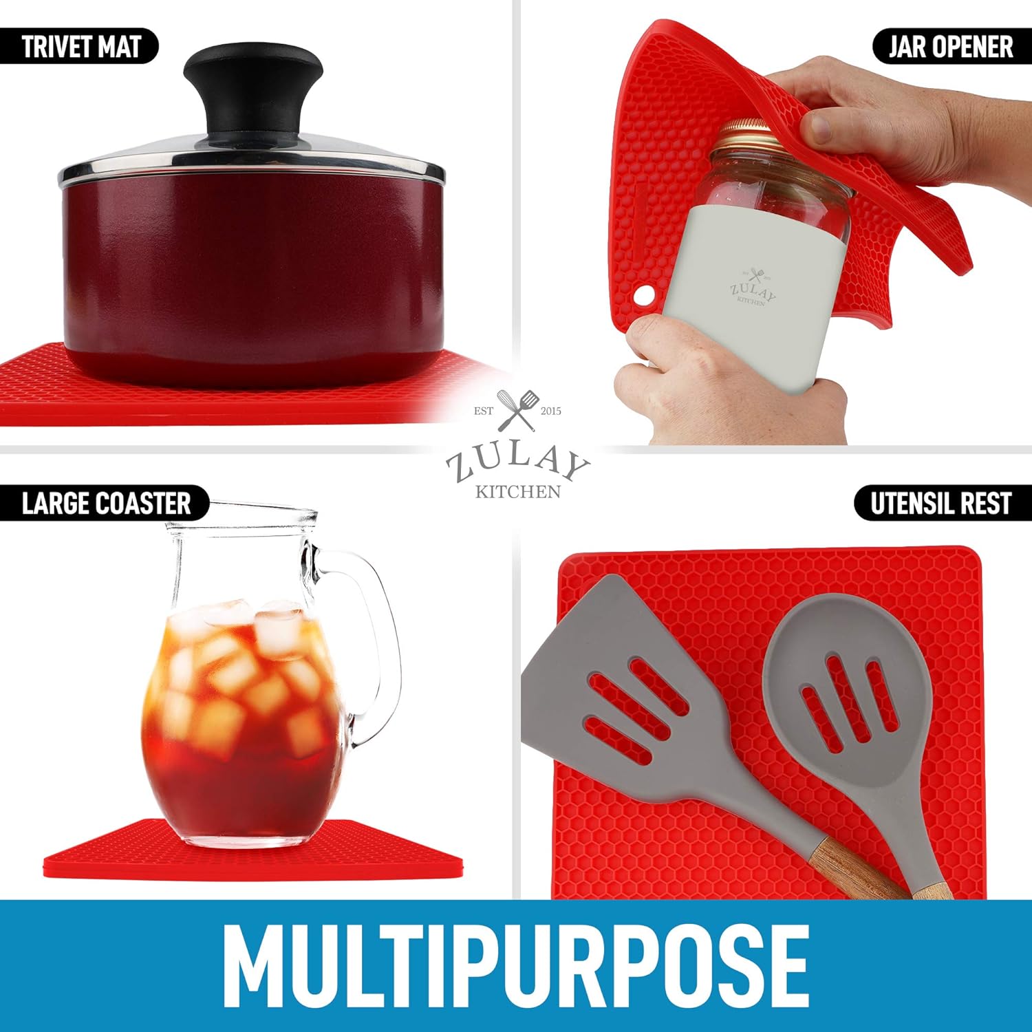 4 Pack Silicone Trivets - 7'x7' Silicone Pot Holders & Coasters - Non Slip, Heat Resistant Mat for Countertop & Table (Red) - Image 5