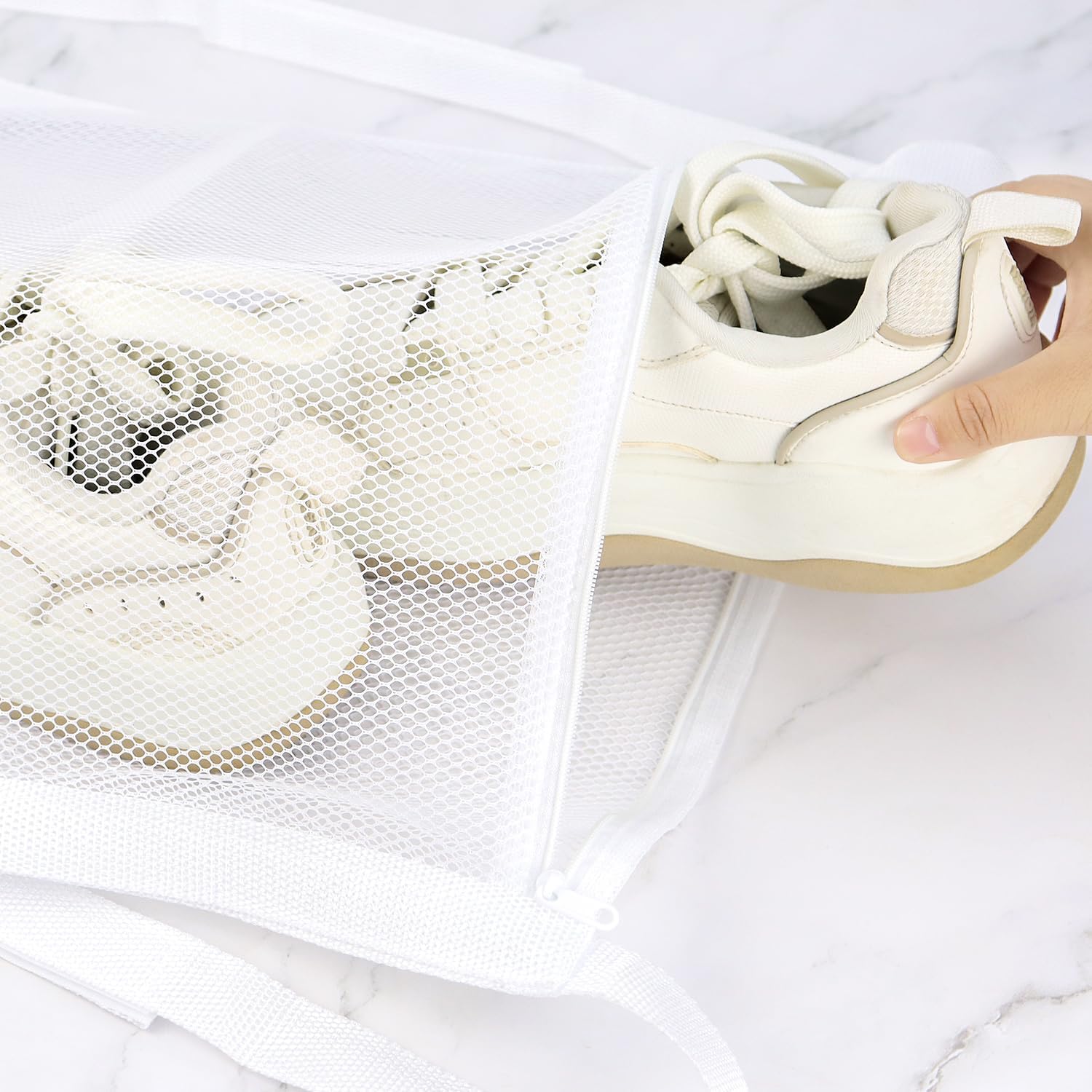 2 Pack Sneaker Dryer Bag 15.7x15.7 Inch Dry Net Bag for Dryer with Zipper and Strap for Shoes, White Large HoneyComber Mesh Bags for Washing Machine - Image 6