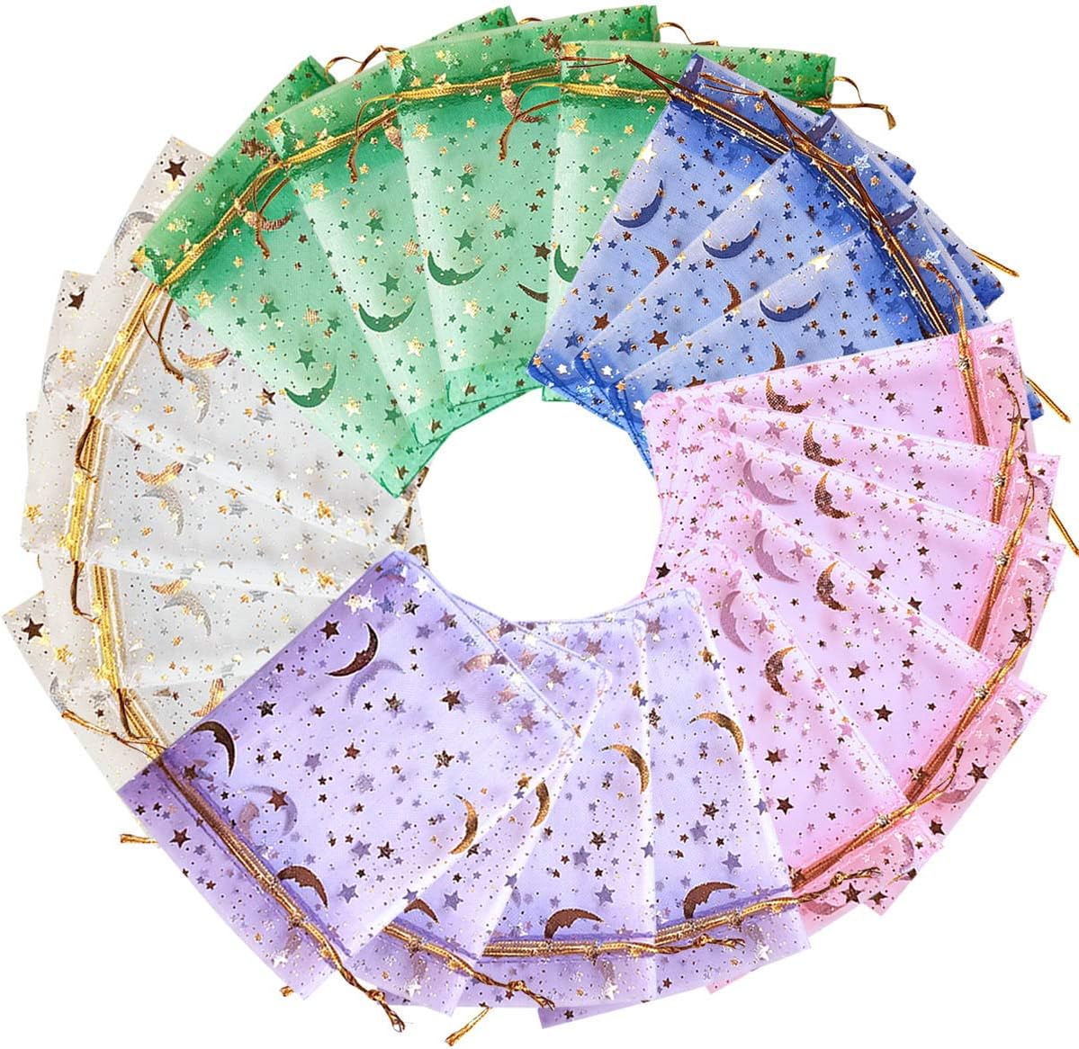 100Pcs Moon Star Organza Jewelry Candy Pouch, Gift Bags Pouches for Wedding Party Valentine's Day (Mixed Color, 3.5 x 4.7 inch) - Image 1