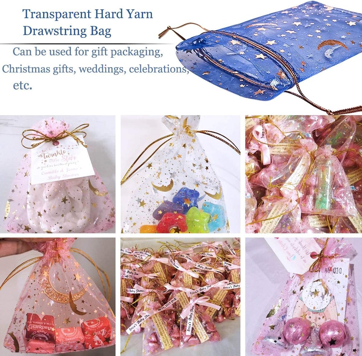 100Pcs Moon Star Organza Jewelry Candy Pouch, Gift Bags Pouches for Wedding Party Valentine's Day (Mixed Color, 3.5 x 4.7 inch) - Image 2