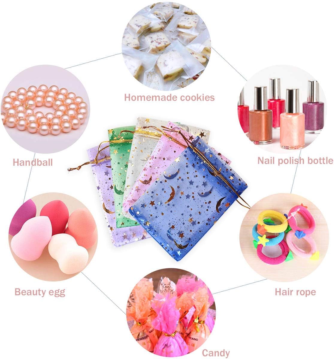 100Pcs Moon Star Organza Jewelry Candy Pouch, Gift Bags Pouches for Wedding Party Valentine's Day (Mixed Color, 3.5 x 4.7 inch) - Image 6