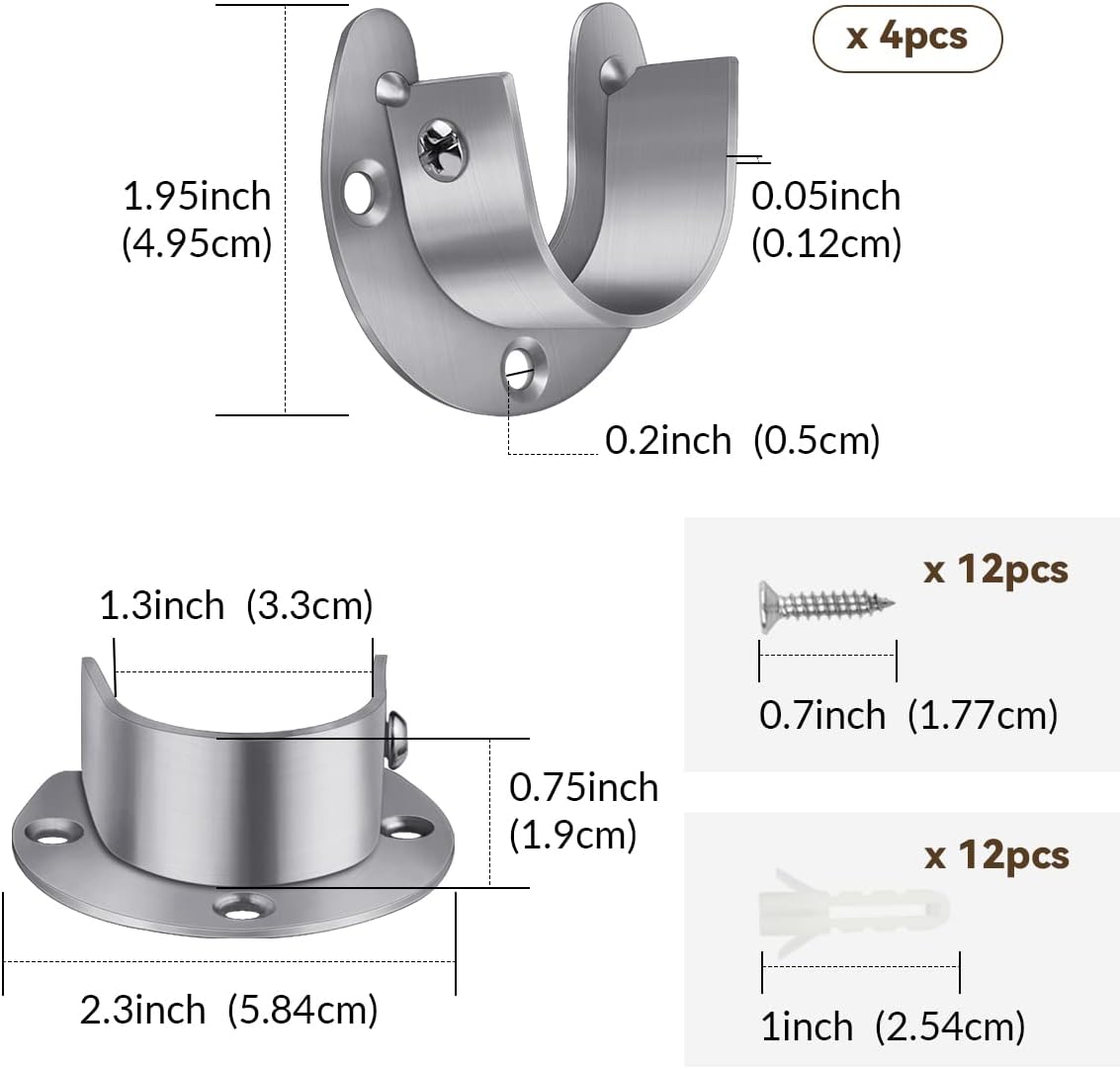 4 Packs Stainless Steel Wardrobe Bracket U-Shaped Rod Socket Flange 1-1/4