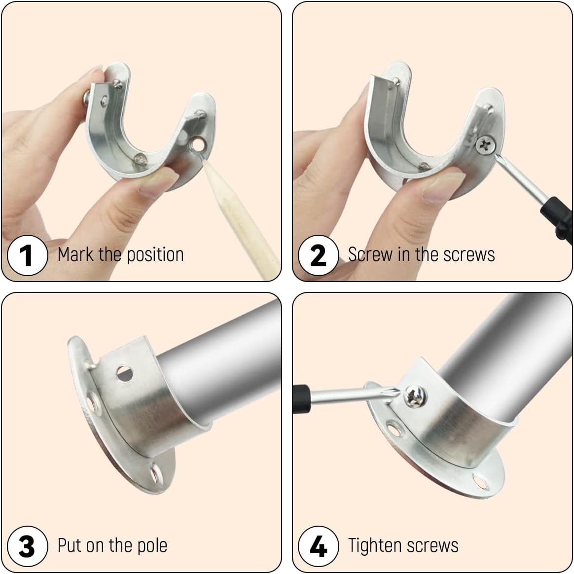 4 Packs Stainless Steel Wardrobe Bracket U-Shaped Rod Socket Flange 1-1/4