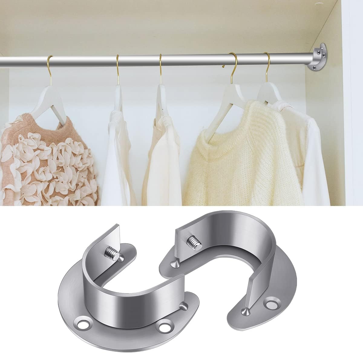 4 Packs Stainless Steel Wardrobe Bracket U-Shaped Rod Socket Flange 1-1/4