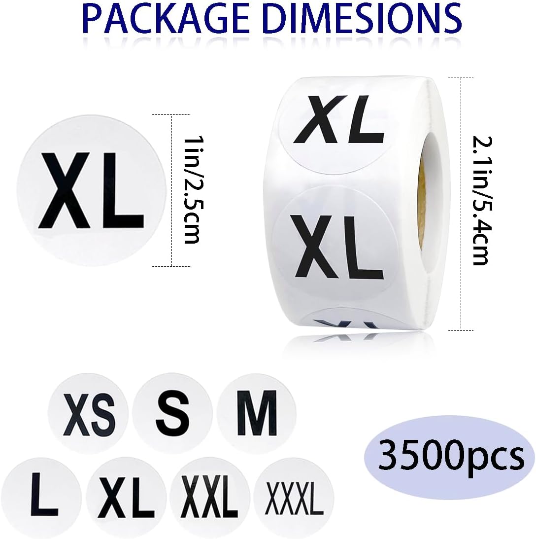 3500 Pcs Clothing Size Stickers, 1 Inch Round Self Adhesive, 7 Sizes XS-S-XXXL for T Shirts (Black) - Image 5