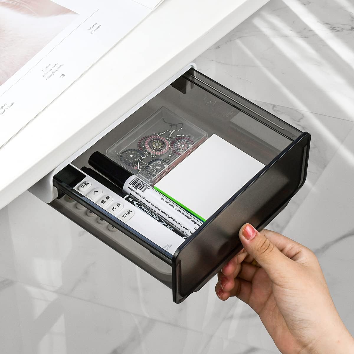 1 Pcs Under Desk Drawer, Under Table Hidden Organizer, Plastic Self-adhesive Slide out Under Desk Storage Drawer for Office Dresser Home School Stationery Kitchen (Black) - Image 2
