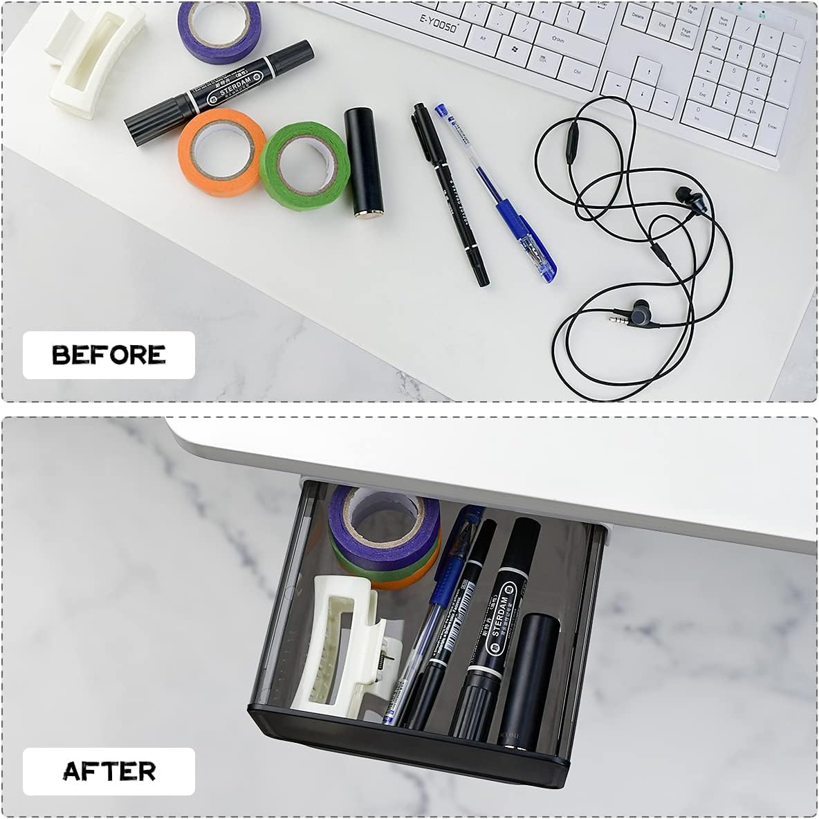 1 Pcs Under Desk Drawer, Under Table Hidden Organizer, Plastic Self-adhesive Slide out Under Desk Storage Drawer for Office Dresser Home School Stationery Kitchen (Black) - Image 4