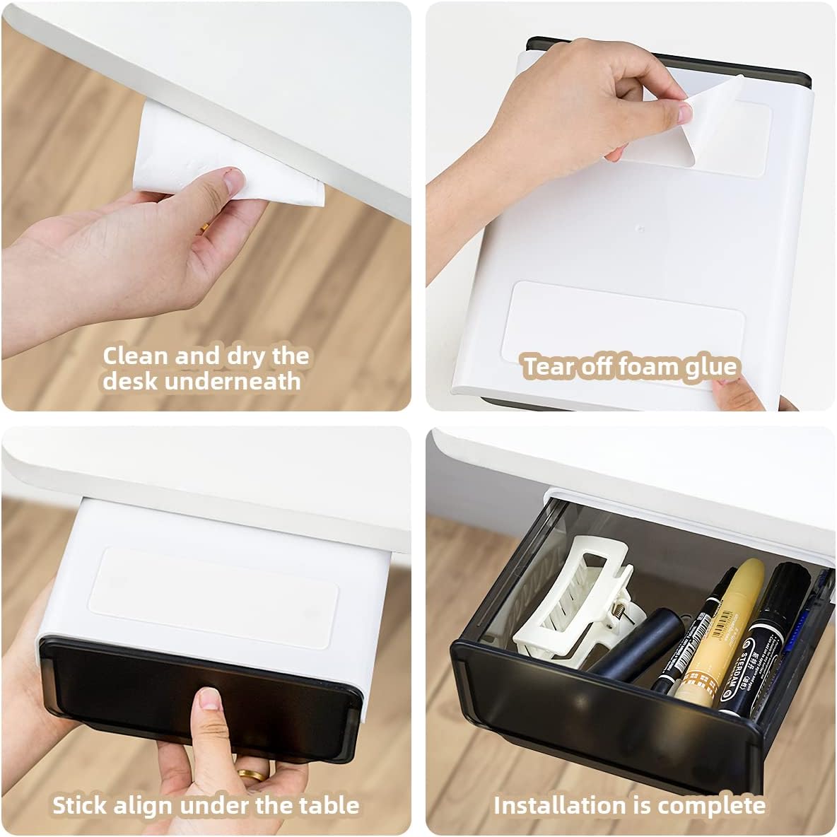 1 Pcs Under Desk Drawer, Under Table Hidden Organizer, Plastic Self-adhesive Slide out Under Desk Storage Drawer for Office Dresser Home School Stationery Kitchen (Black) - Image 5