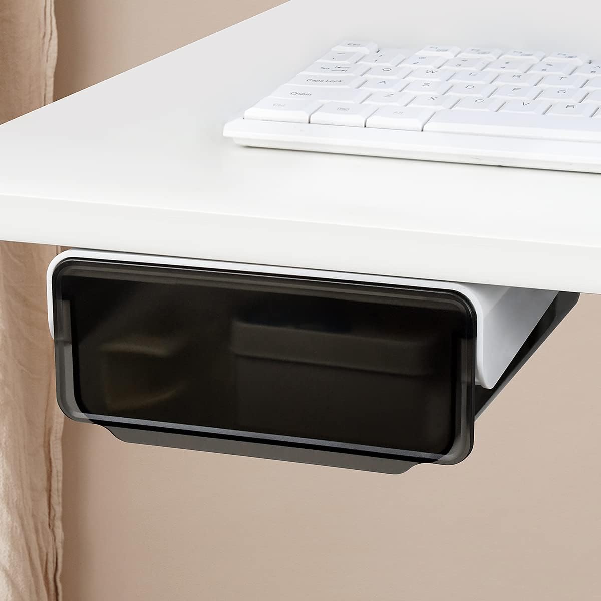 1 Pcs Under Desk Drawer, Under Table Hidden Organizer, Plastic Self-adhesive Slide out Under Desk Storage Drawer for Office Dresser Home School Stationery Kitchen (Black) - Image 7