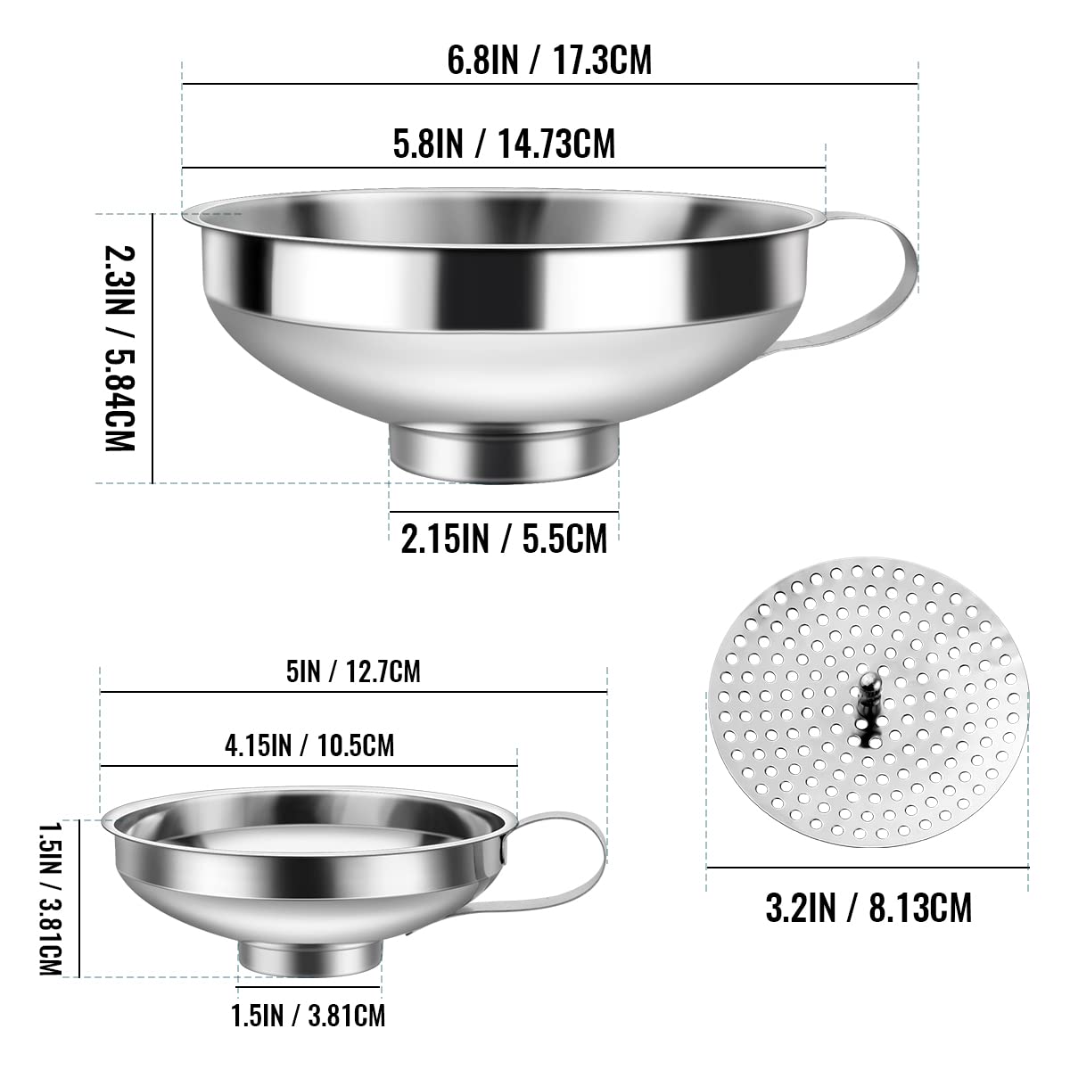 3 Pack Canning Funnel 3-in-1 Stainless Steel Funnel Set Wide Mouth Funnels with Detachable Strainer for transferring Liquid, Powder, jam, Grain, Oil, Spices - Image 2
