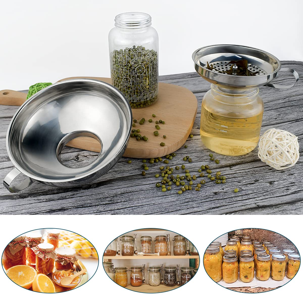 3 Pack Canning Funnel 3-in-1 Stainless Steel Funnel Set Wide Mouth Funnels with Detachable Strainer for transferring Liquid, Powder, jam, Grain, Oil, Spices - Image 3