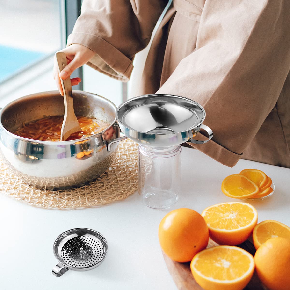 3 Pack Canning Funnel 3-in-1 Stainless Steel Funnel Set Wide Mouth Funnels with Detachable Strainer for transferring Liquid, Powder, jam, Grain, Oil, Spices - Image 6