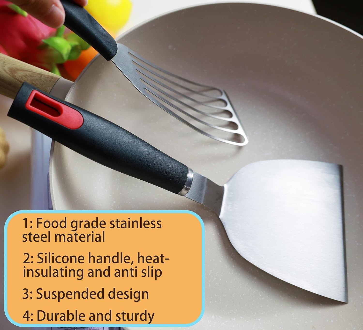 Spatula Set Stainless Steel Kitchen Metal Spatula for Cast Iron Skillet with Silicone Handle, Fish Spatula Turner Flipper for Pancake Burger Egg Cooking Spatulas BBQ Grill Griddle - Image 3