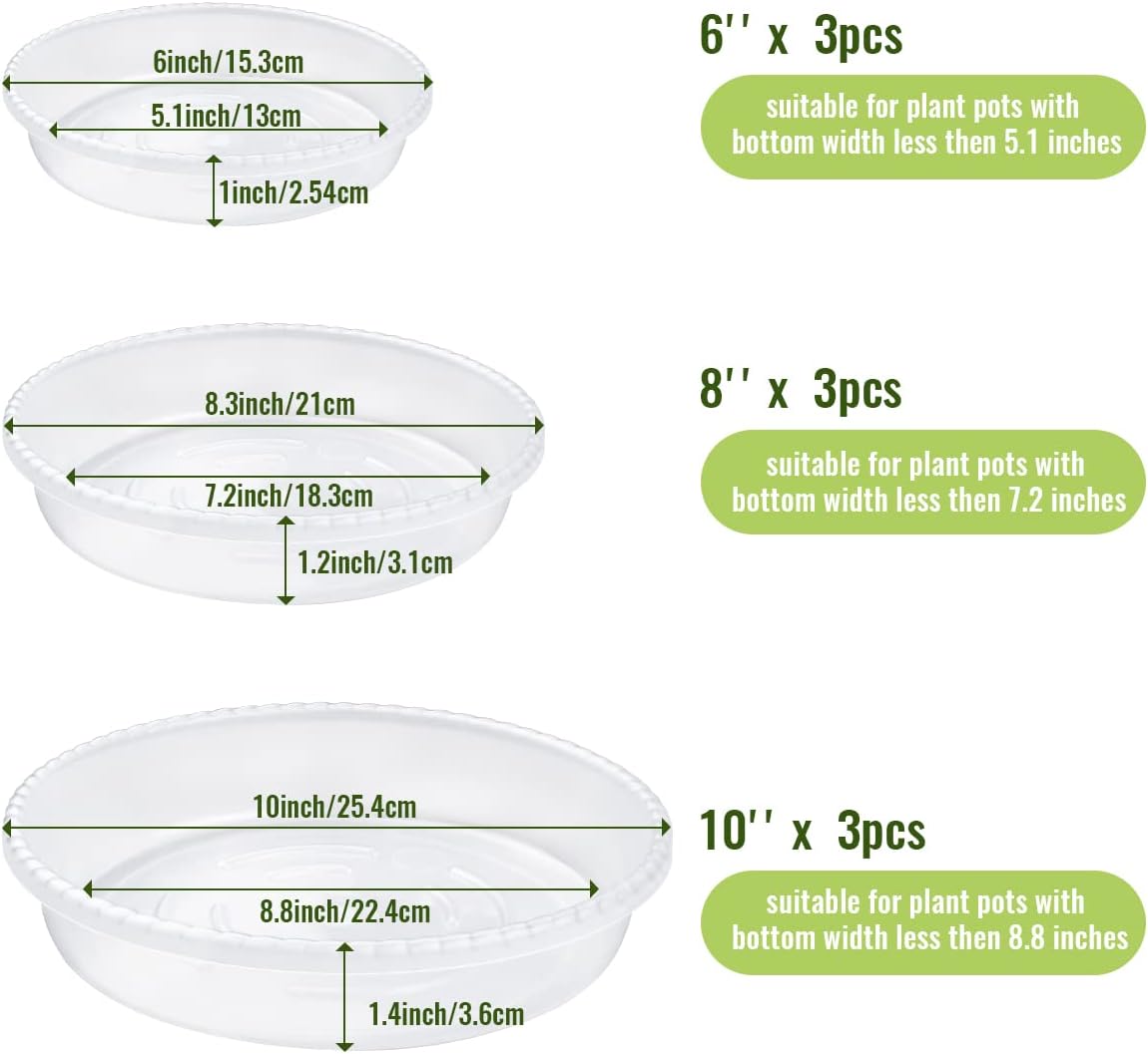 9 Pack Clear Plastic Plant Saucer, Durable Plant Trays Flower Plant Pot Saucer Plant Container Accessories for Indoors & Outdoors, Stop Messes & Stains in Your Garden (6