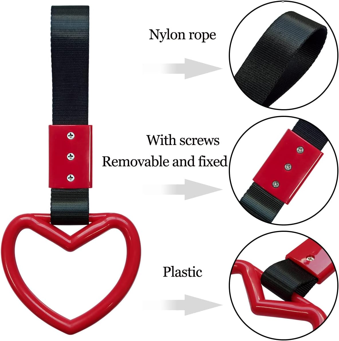 2 Pieces Heart-shaped Jdm Tsurikawa Rings SUV Bus Car Handle Straps Japanese Bosozoku Subway Ring for Car Warning and Interior Exterior Decoration (Red/Black) - Image 3