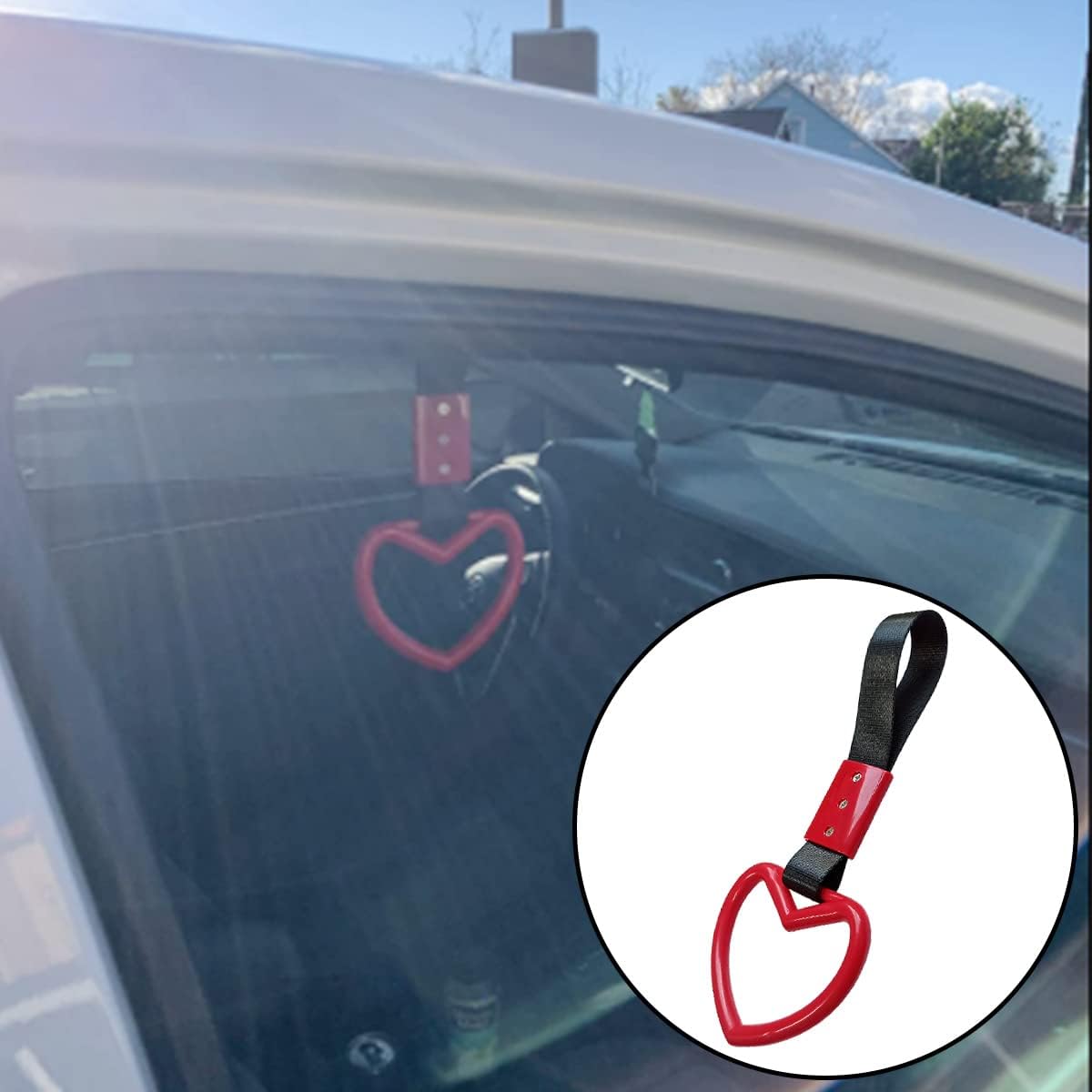2 Pieces Heart-shaped Jdm Tsurikawa Rings SUV Bus Car Handle Straps Japanese Bosozoku Subway Ring for Car Warning and Interior Exterior Decoration (Red/Black) - Image 5