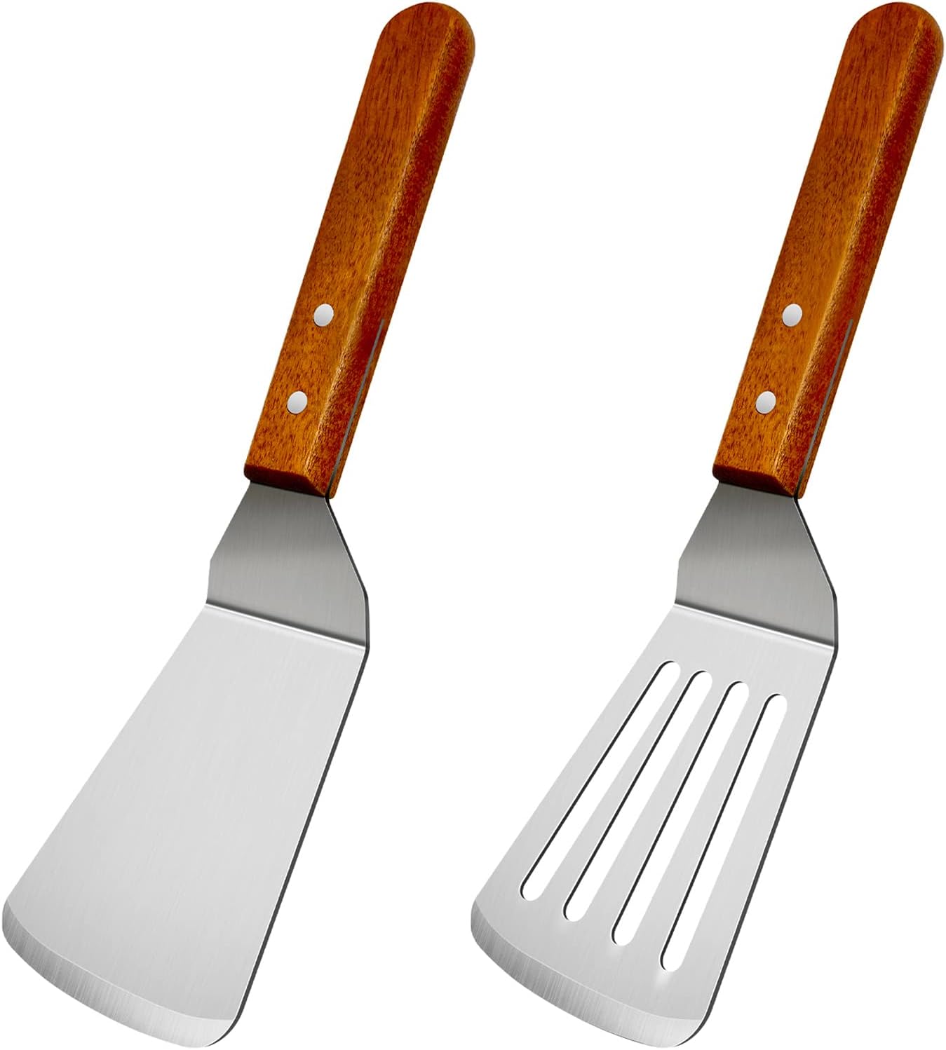 2Pcs Metal Spatulas Set, Metal Spatula for Cast Iron Skillet, Cooking Utensils Fish Egg Grill Spatula Stainless Steel Slotted Spatula, Wok Flat Top Small Metal Spatula Turner with Wood Handle - Image 1