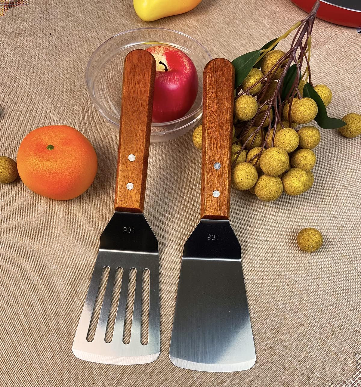 2Pcs Metal Spatulas Set, Metal Spatula for Cast Iron Skillet, Cooking Utensils Fish Egg Grill Spatula Stainless Steel Slotted Spatula, Wok Flat Top Small Metal Spatula Turner with Wood Handle - Image 2