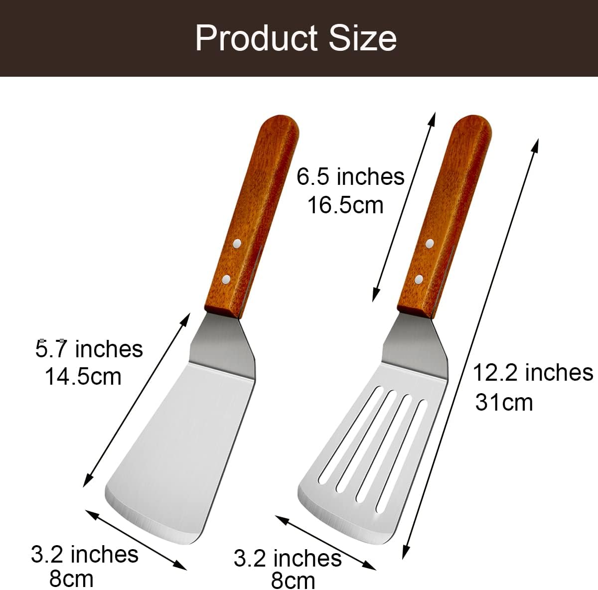 2Pcs Metal Spatulas Set, Metal Spatula for Cast Iron Skillet, Cooking Utensils Fish Egg Grill Spatula Stainless Steel Slotted Spatula, Wok Flat Top Small Metal Spatula Turner with Wood Handle - Image 3