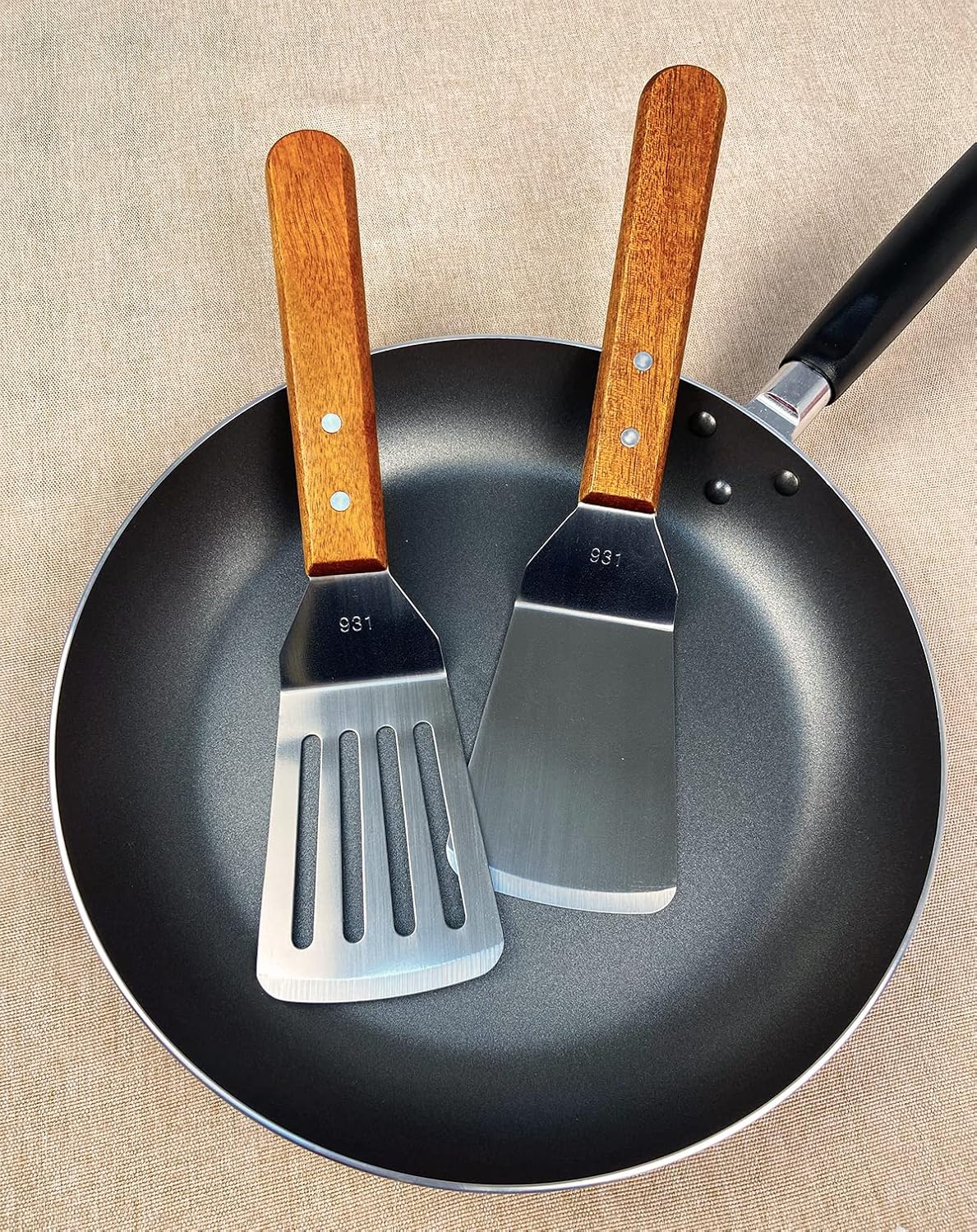 2Pcs Metal Spatulas Set, Metal Spatula for Cast Iron Skillet, Cooking Utensils Fish Egg Grill Spatula Stainless Steel Slotted Spatula, Wok Flat Top Small Metal Spatula Turner with Wood Handle - Image 6