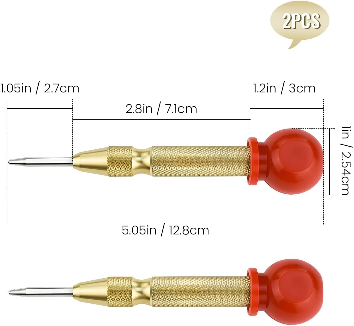 2 Pack Automatic Center Punch, 5 Inch Crushing Hand Tool Spring Punch with Cushion Cap, Metal Impact Center Hole Punch for Metal Wood Glass Plastic(Gold) - Image 2
