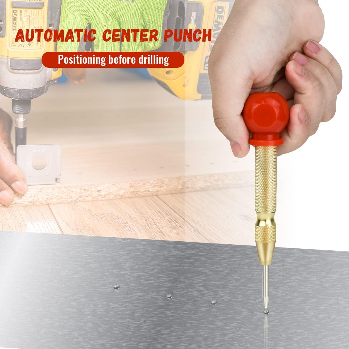 2 Pack Automatic Center Punch, 5 Inch Crushing Hand Tool Spring Punch with Cushion Cap, Metal Impact Center Hole Punch for Metal Wood Glass Plastic(Gold) - Image 3