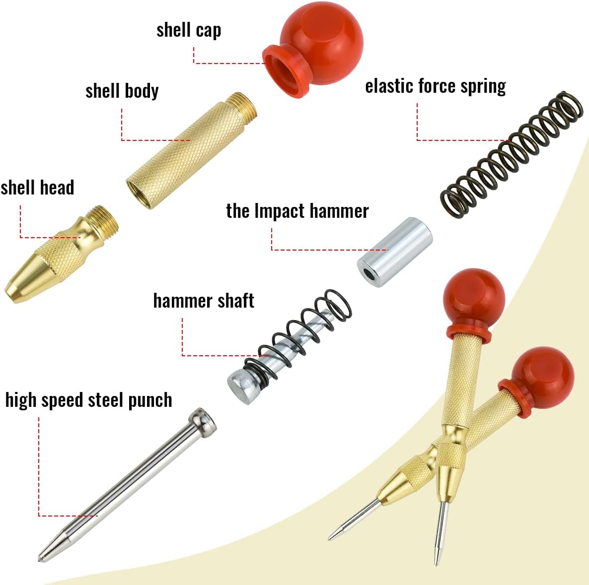 2 Pack Automatic Center Punch, 5 Inch Crushing Hand Tool Spring Punch with Cushion Cap, Metal Impact Center Hole Punch for Metal Wood Glass Plastic(Gold) - Image 4