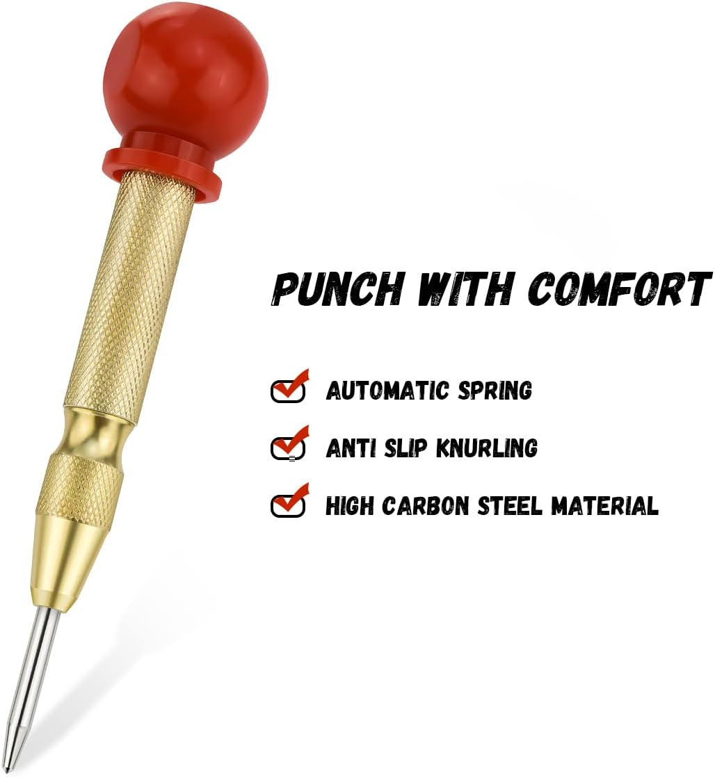 2 Pack Automatic Center Punch, 5 Inch Crushing Hand Tool Spring Punch with Cushion Cap, Metal Impact Center Hole Punch for Metal Wood Glass Plastic(Gold) - Image 5