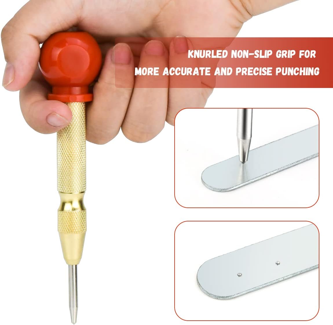 2 Pack Automatic Center Punch, 5 Inch Crushing Hand Tool Spring Punch with Cushion Cap, Metal Impact Center Hole Punch for Metal Wood Glass Plastic(Gold) - Image 6