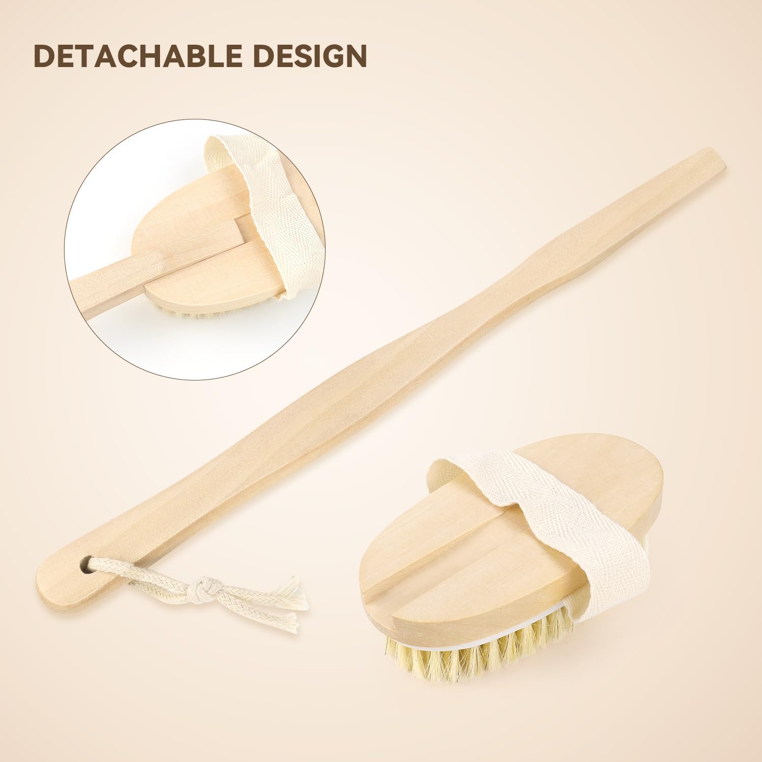 2 Pack Detachable Bath Bristle Brush, Wood Long Handle Dry Brushing Body Brush for Shower - Image 3