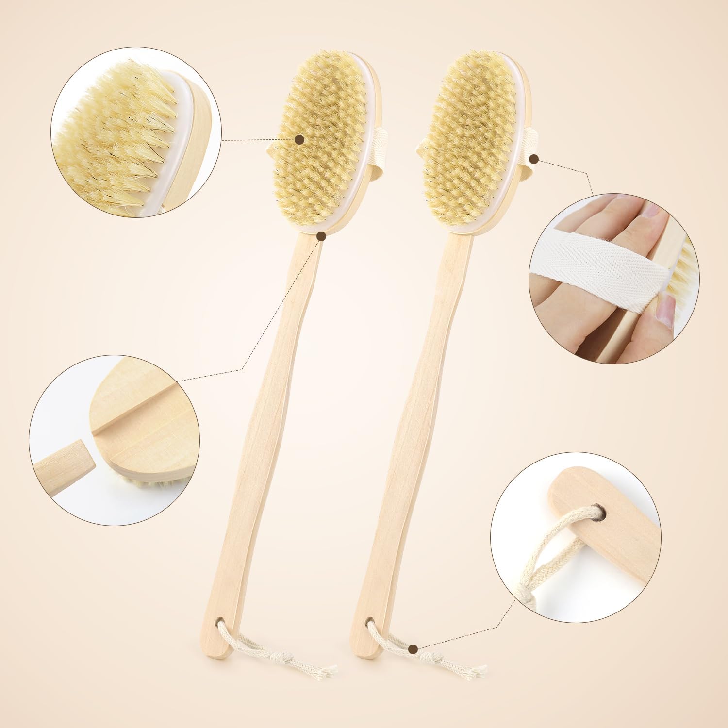 2 Pack Detachable Bath Bristle Brush, Wood Long Handle Dry Brushing Body Brush for Shower - Image 4