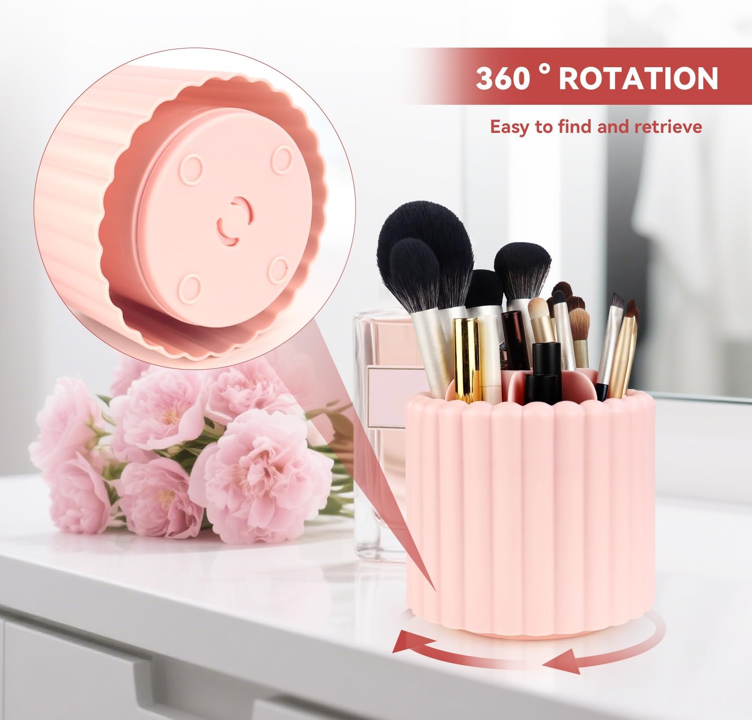 1 Pack 360° Rotating Makeup Brush Organizer, 7 Slot Make up Brush Holder for Vanity, Dresser, Desk (Pink) - Image 2