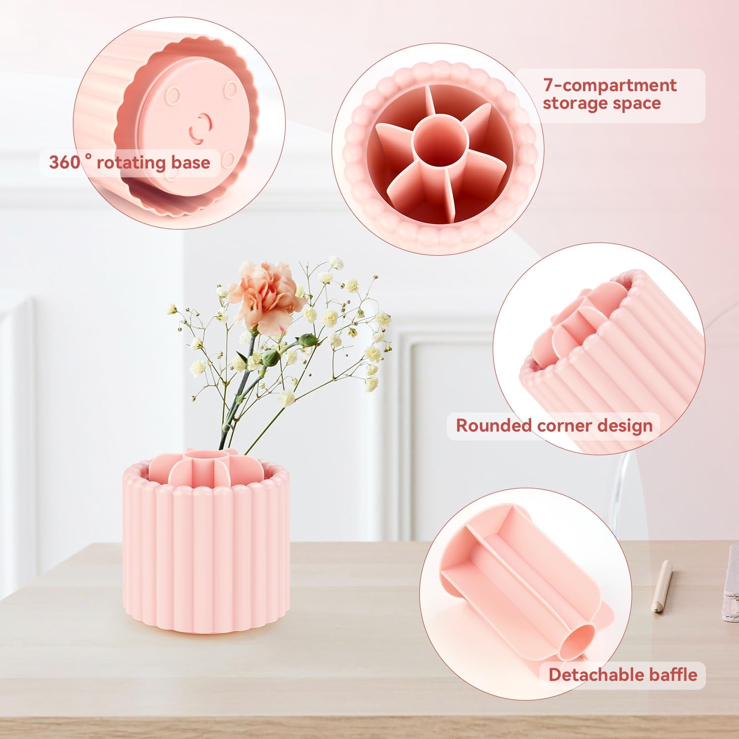 1 Pack 360° Rotating Makeup Brush Organizer, 7 Slot Make up Brush Holder for Vanity, Dresser, Desk (Pink) - Image 4