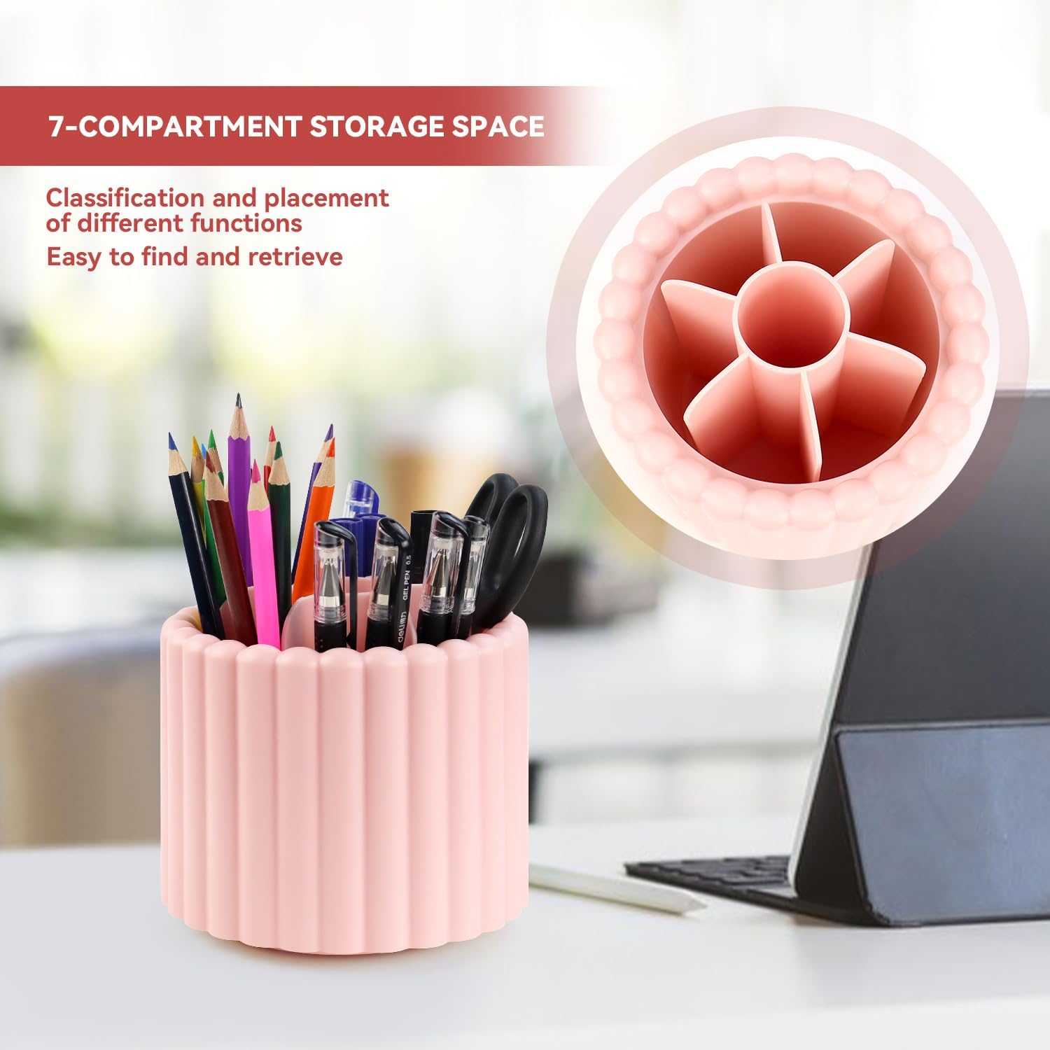 1 Pack 360° Rotating Makeup Brush Organizer, 7 Slot Make up Brush Holder for Vanity, Dresser, Desk (Pink) - Image 5