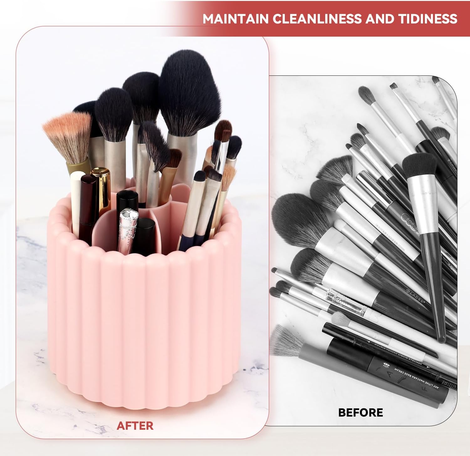 1 Pack 360° Rotating Makeup Brush Organizer, 7 Slot Make up Brush Holder for Vanity, Dresser, Desk (Pink) - Image 6
