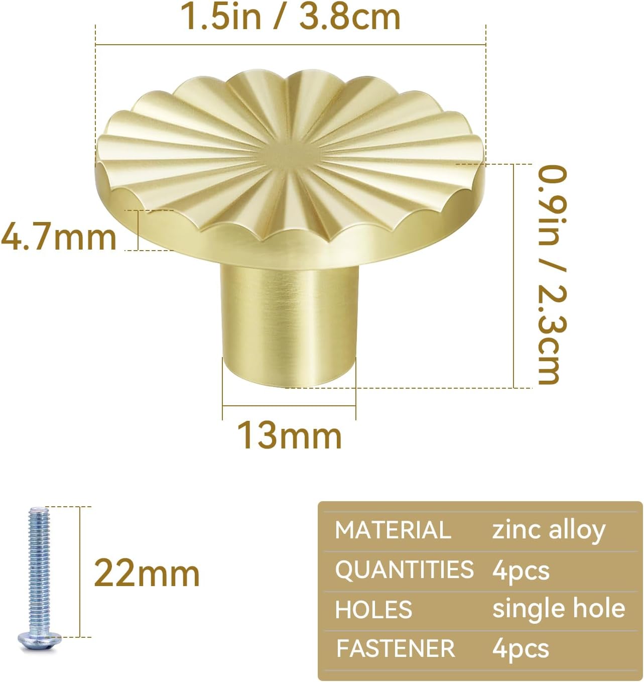 4 Pack Cabinet Knobs Zinc Alloy Solid Kitchen Cabinet Pulls Brushed Gold Drawer Knobs Dresser Cabinet Handles (37 mm) - Image 3
