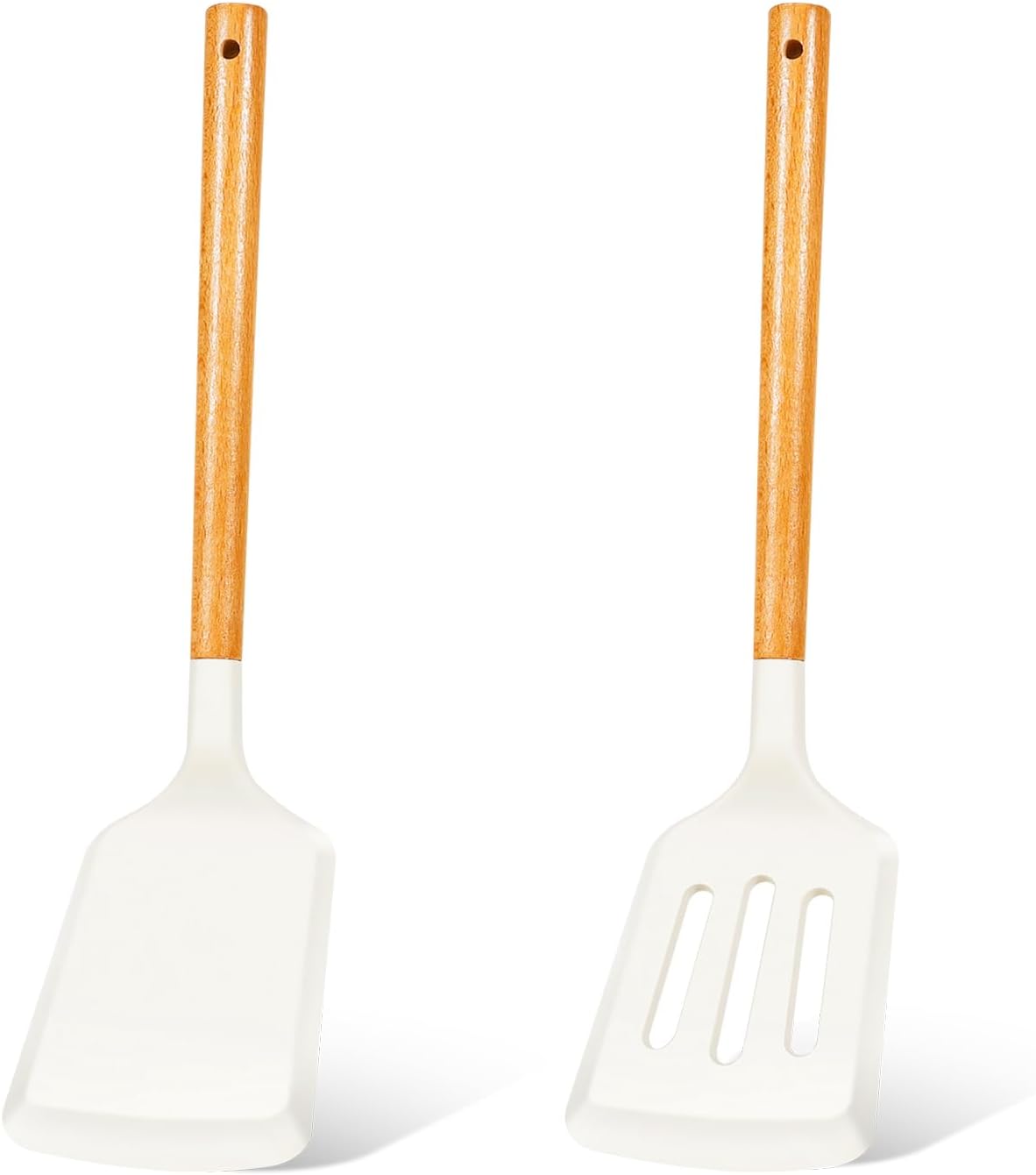 2Pcs Silicone Spatula Set Turner Heat Resistant for Nonstick Cookware Rubber Wok Turner with Wood Handle, Plastic Spatula Silicone for Cooking Use Kitchen Utensils Set White - Image 1