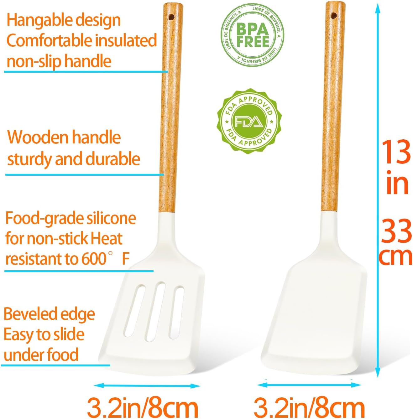2Pcs Silicone Spatula Set Turner Heat Resistant for Nonstick Cookware Rubber Wok Turner with Wood Handle, Plastic Spatula Silicone for Cooking Use Kitchen Utensils Set White - Image 3
