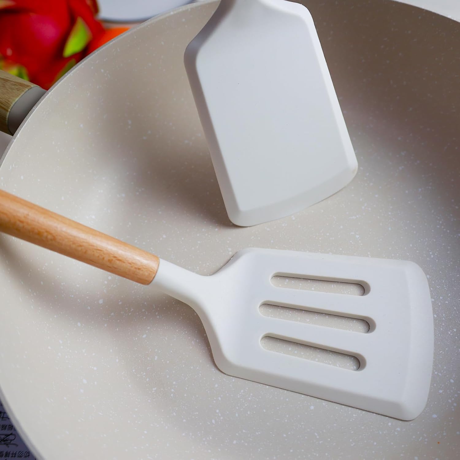 2Pcs Silicone Spatula Set Turner Heat Resistant for Nonstick Cookware Rubber Wok Turner with Wood Handle, Plastic Spatula Silicone for Cooking Use Kitchen Utensils Set White - Image 7