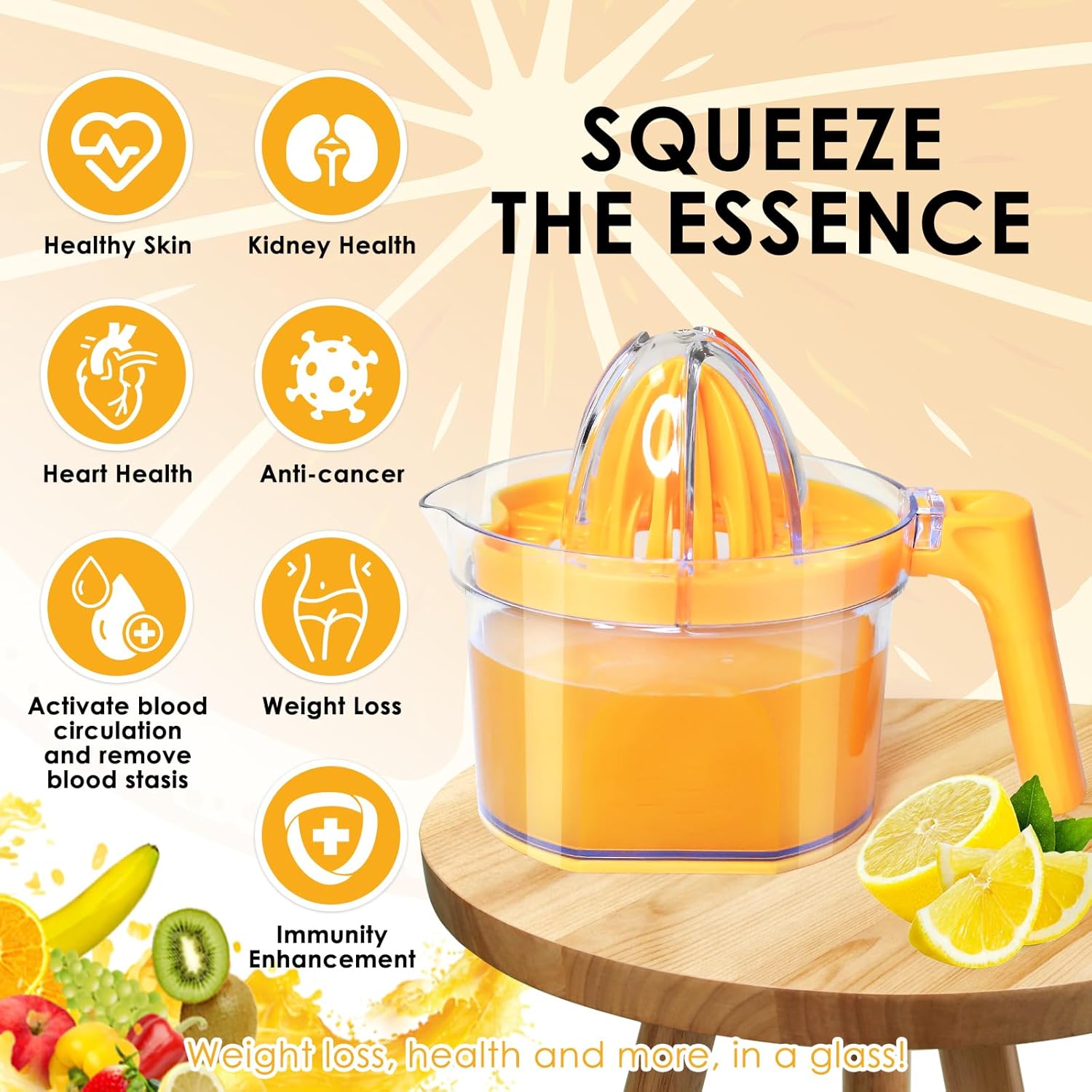 Lemon Squeezer 4-in-1 Lemon Hand Juicer -  Manual Orange Juicer Multifunctional Lemons Lime Squeezer, Citrus Juicers Press Fruit with Detachable Comfortable Handle, 16.9oz Capacity (ORANGE) - Image 2