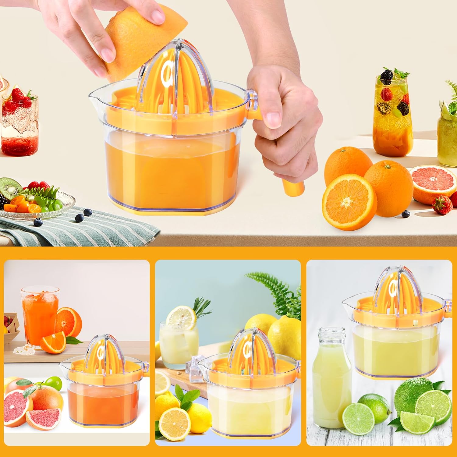Lemon Squeezer 4-in-1 Lemon Hand Juicer -  Manual Orange Juicer Multifunctional Lemons Lime Squeezer, Citrus Juicers Press Fruit with Detachable Comfortable Handle, 16.9oz Capacity (ORANGE) - Image 4