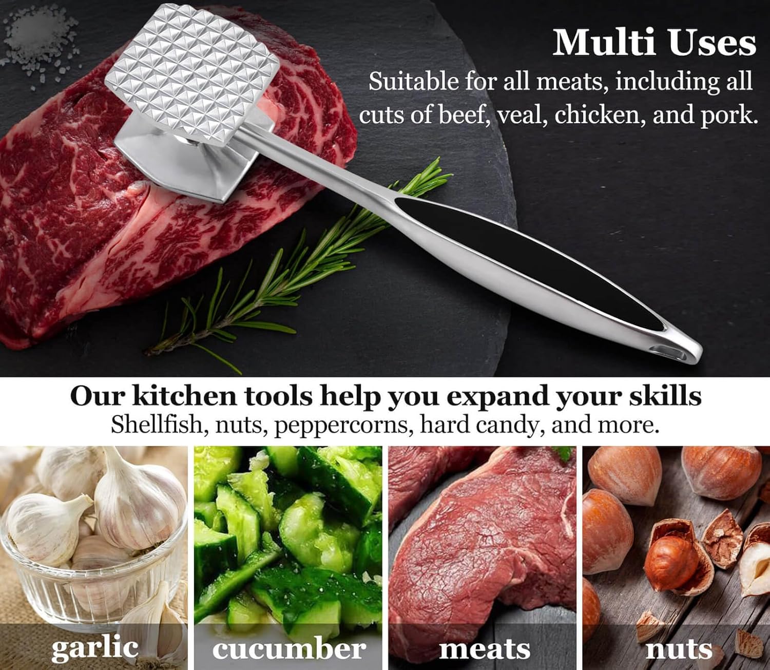 Meat Tenderizer Hammer Tool Pounder For Tenderizing Steak Beef Poultry, Heavy Duty Dual-Sided Mallet with Soft Grip Handle - Multifunctional Kitchen Beater for Chicken,Fish, Baking - Image 7