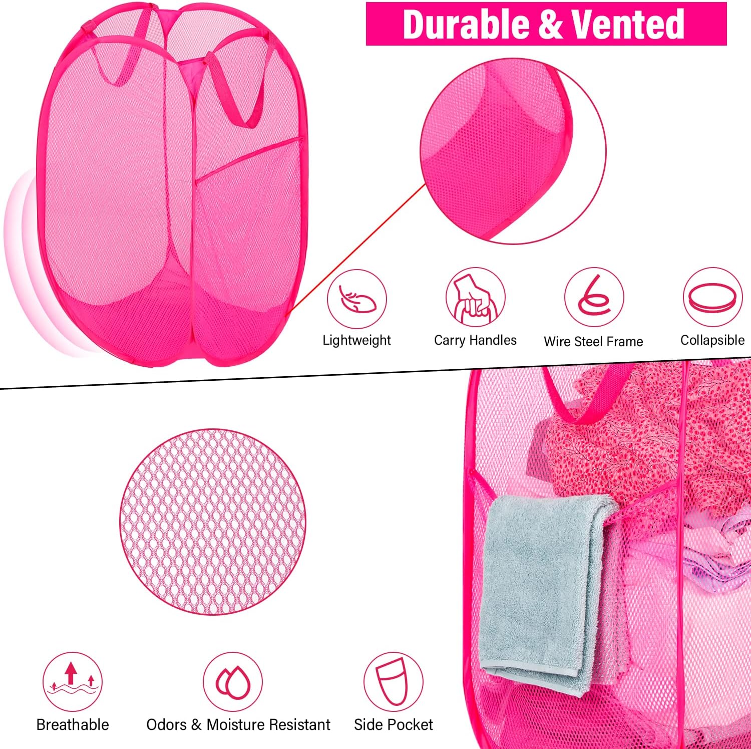 Deluxe Strong Mesh Pop up Laundry Hamper Basket with Side Pocket for Laundry Room, Bathroom, Kids Room, College Dorm or Travel Blush - Image 4